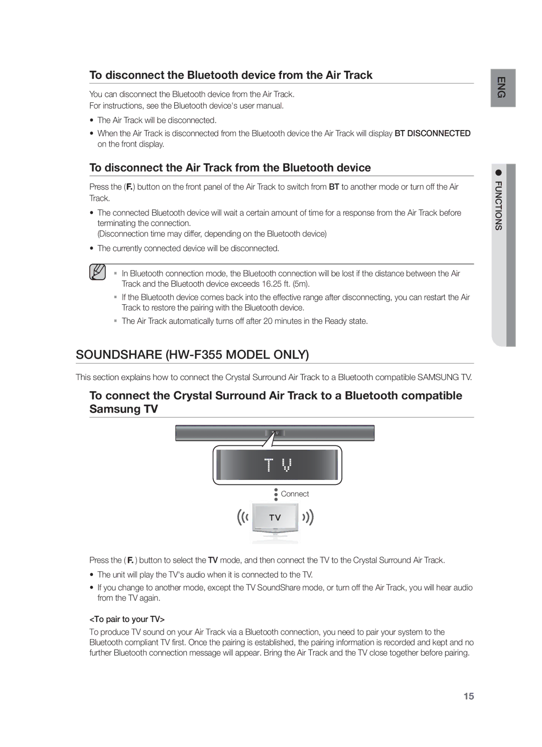 Samsung HW-F355/XV manual Soundshare HW-F355 Model only, To disconnect the Bluetooth device from the Air Track 