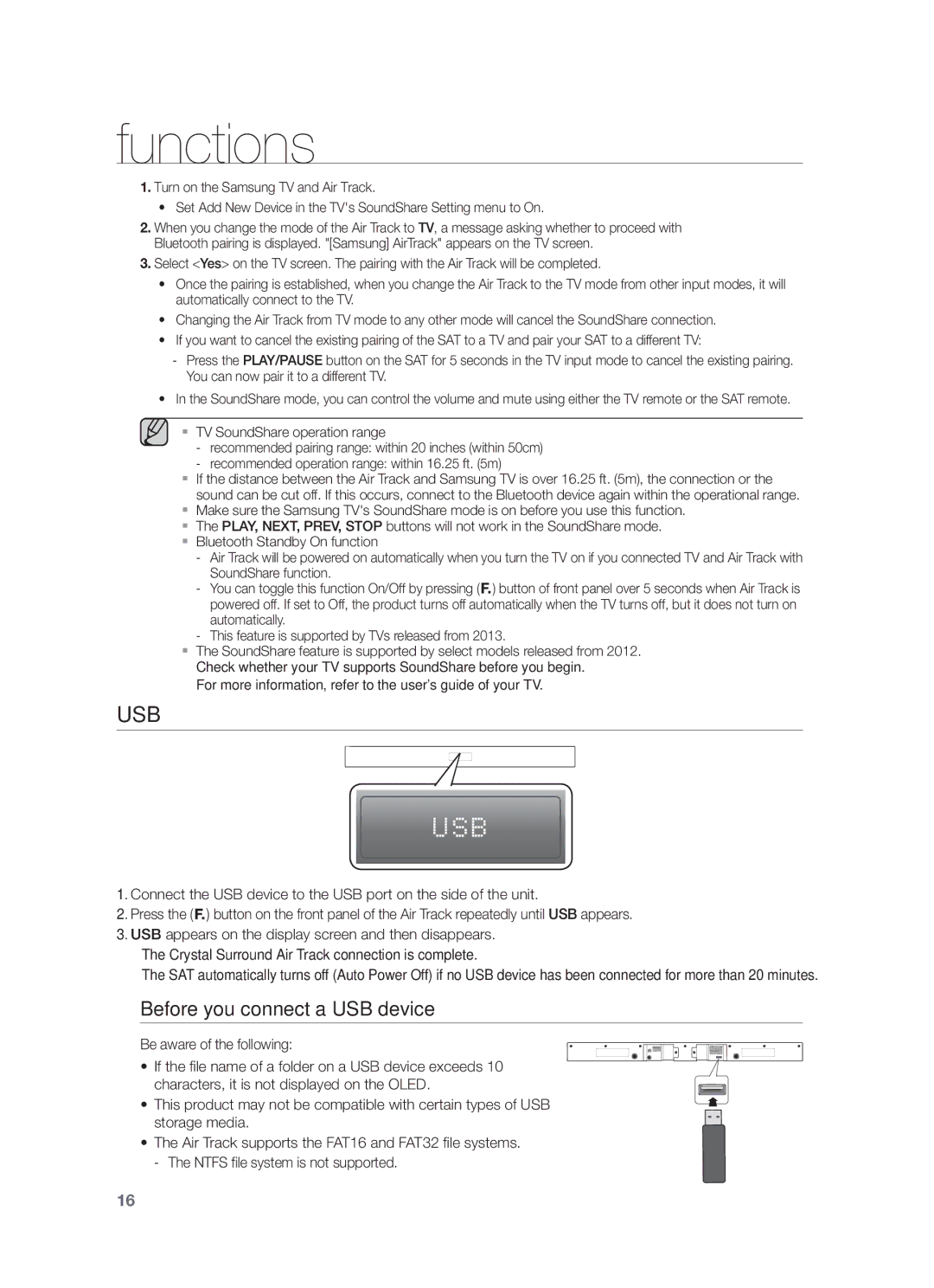 Samsung HW-F355/XV manual Usb, Before you connect a USB device, Be aware of the following 