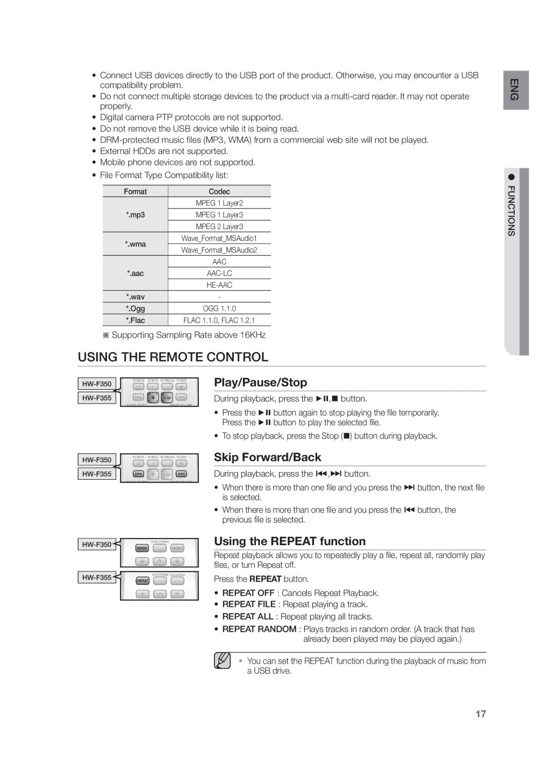 Samsung HW-F355/XV manual Using the Remote Control, Play/Pause/Stop, Skip Forward/Back, Using the Repeat function 