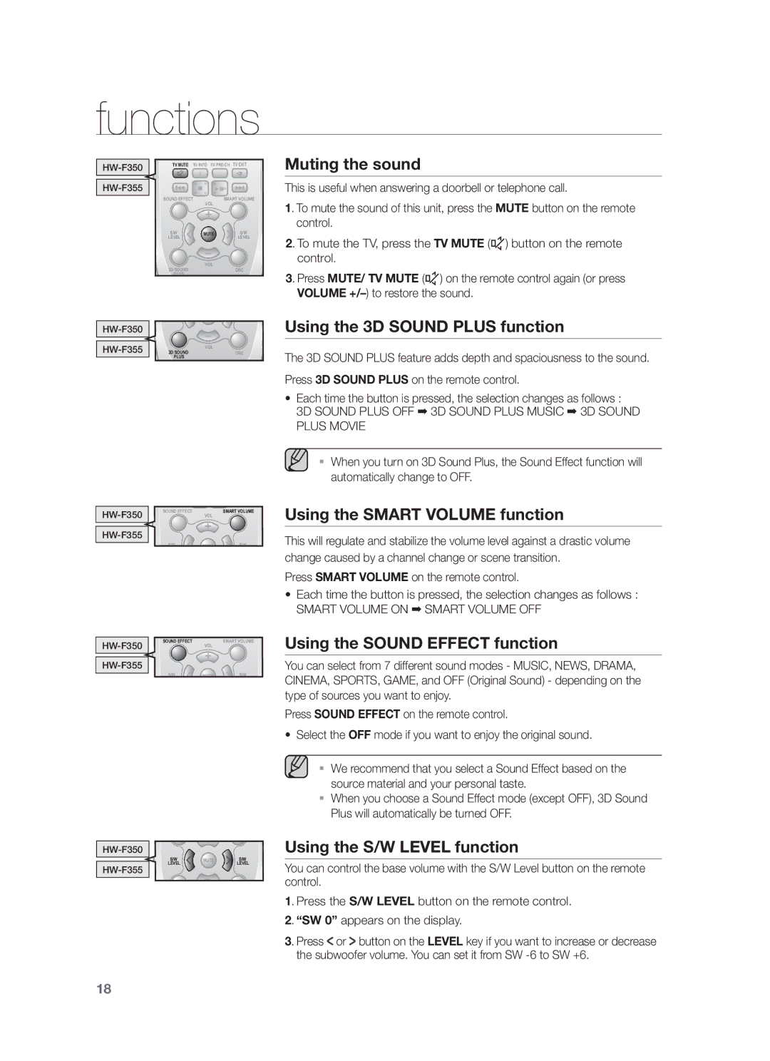 Samsung HW-F355/XV manual Muting the sound, Using the 3D Sound Plus function, Using the Smart Volume function 