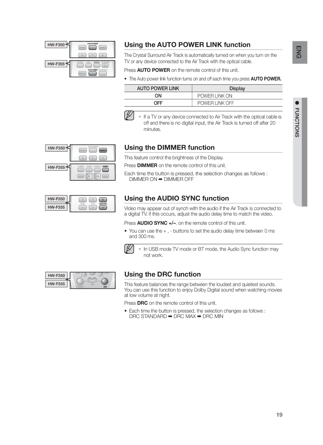 Samsung HW-F355/XV manual Using the Auto Power Link function, Using the Dimmer function, Using the Audio Sync function 