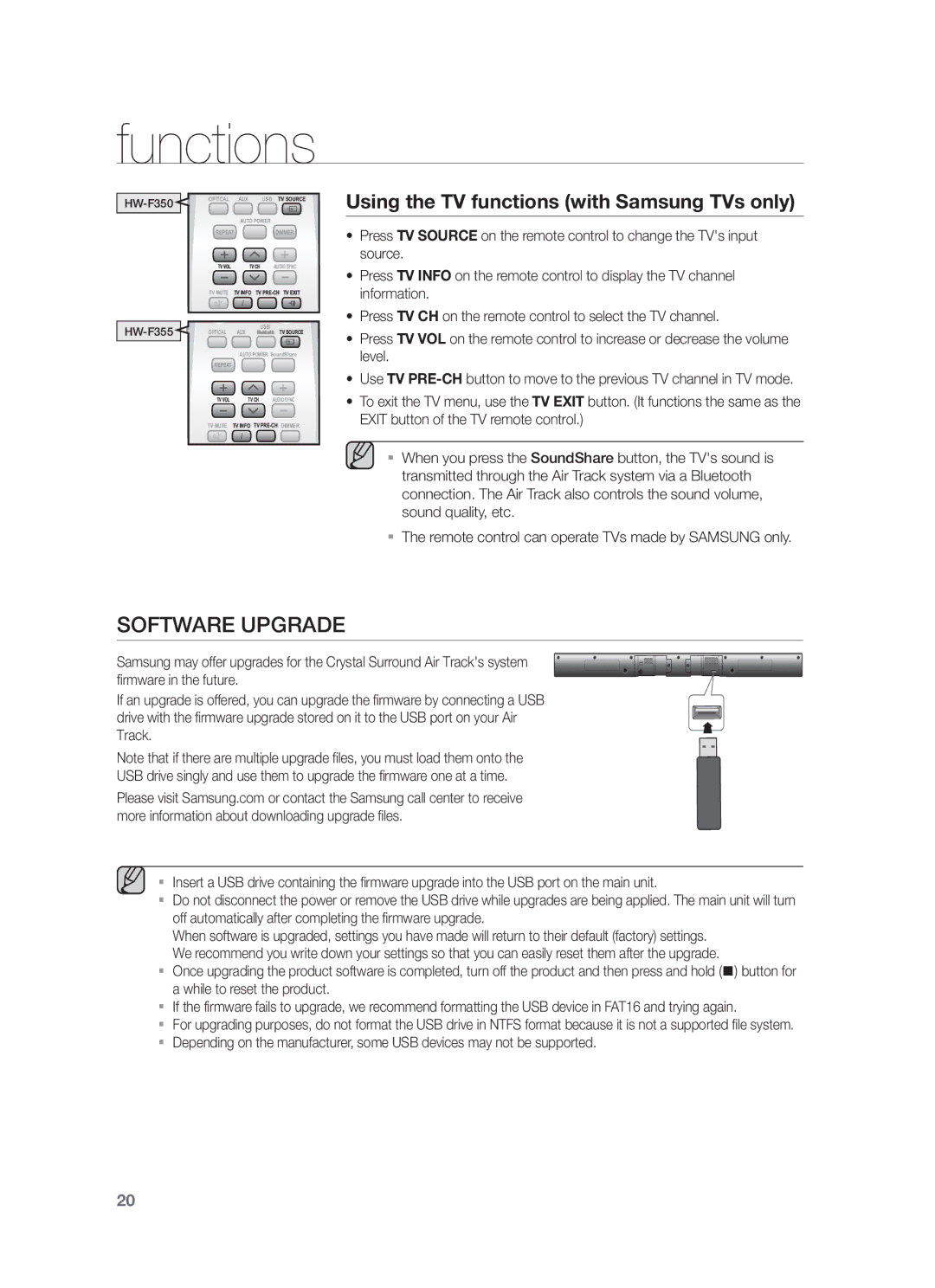 Samsung HW-F355/XV manual Software Upgrade, Using the TV functions with Samsung TVs only 