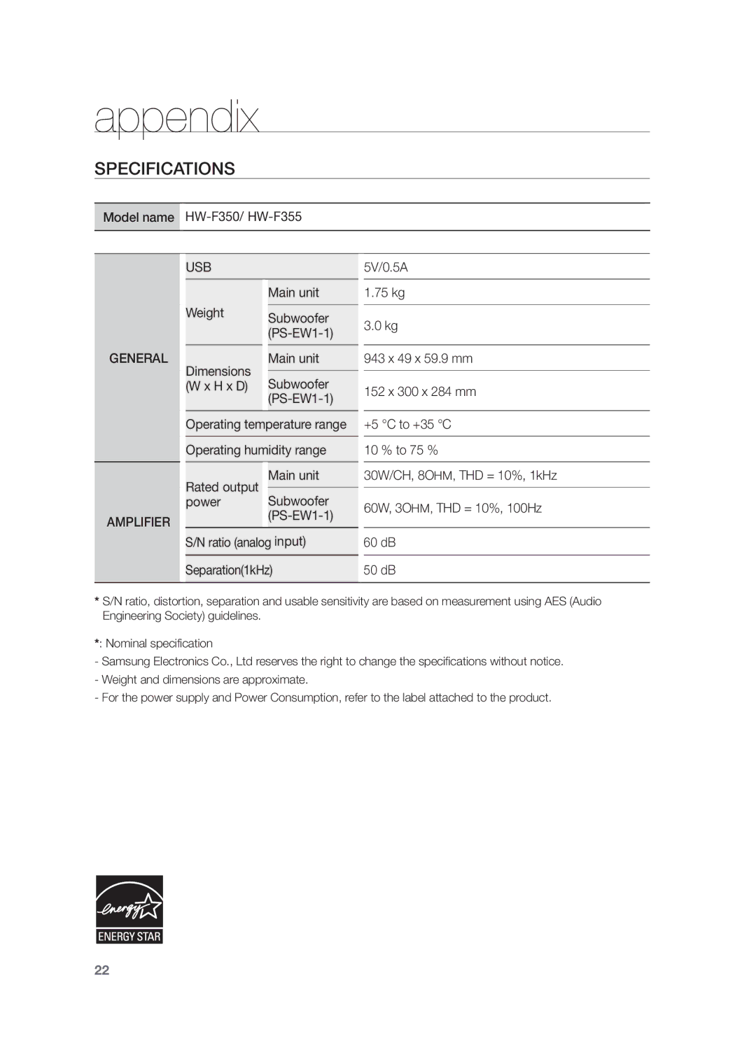 Samsung HW-F355/XV Appendix, Specifications, Weight Subwoofer PS-EW1-1, H x D Subwoofer PS-EW1-1, Power Subwoofer PS-EW1-1 