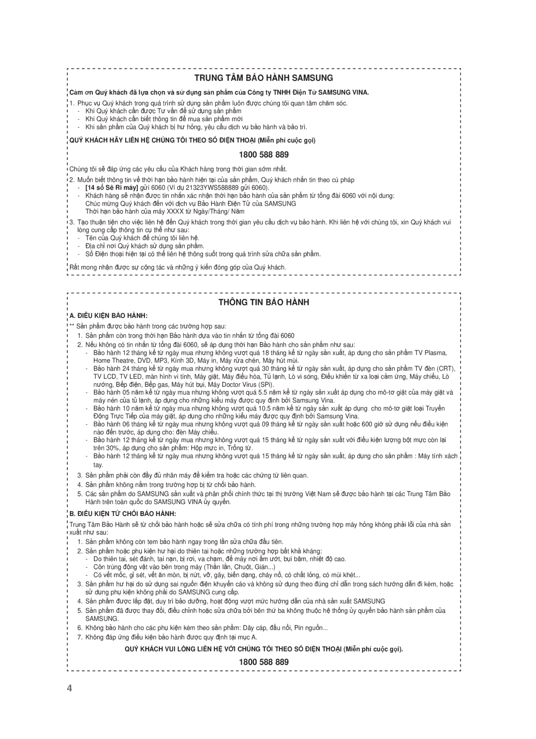 Samsung HW-F355/XV manual Trung TÂM BẢO Hành Samsung, 1800 588, Thông TIN BẢO Hành 