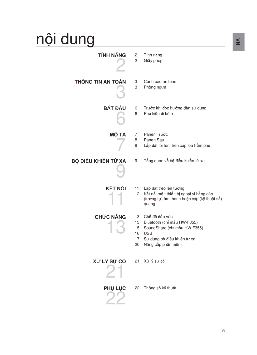 Samsung HW-F355/XV manual Nӝi dung, Tính năng, Giҩy phép, Phòng ngӯa 