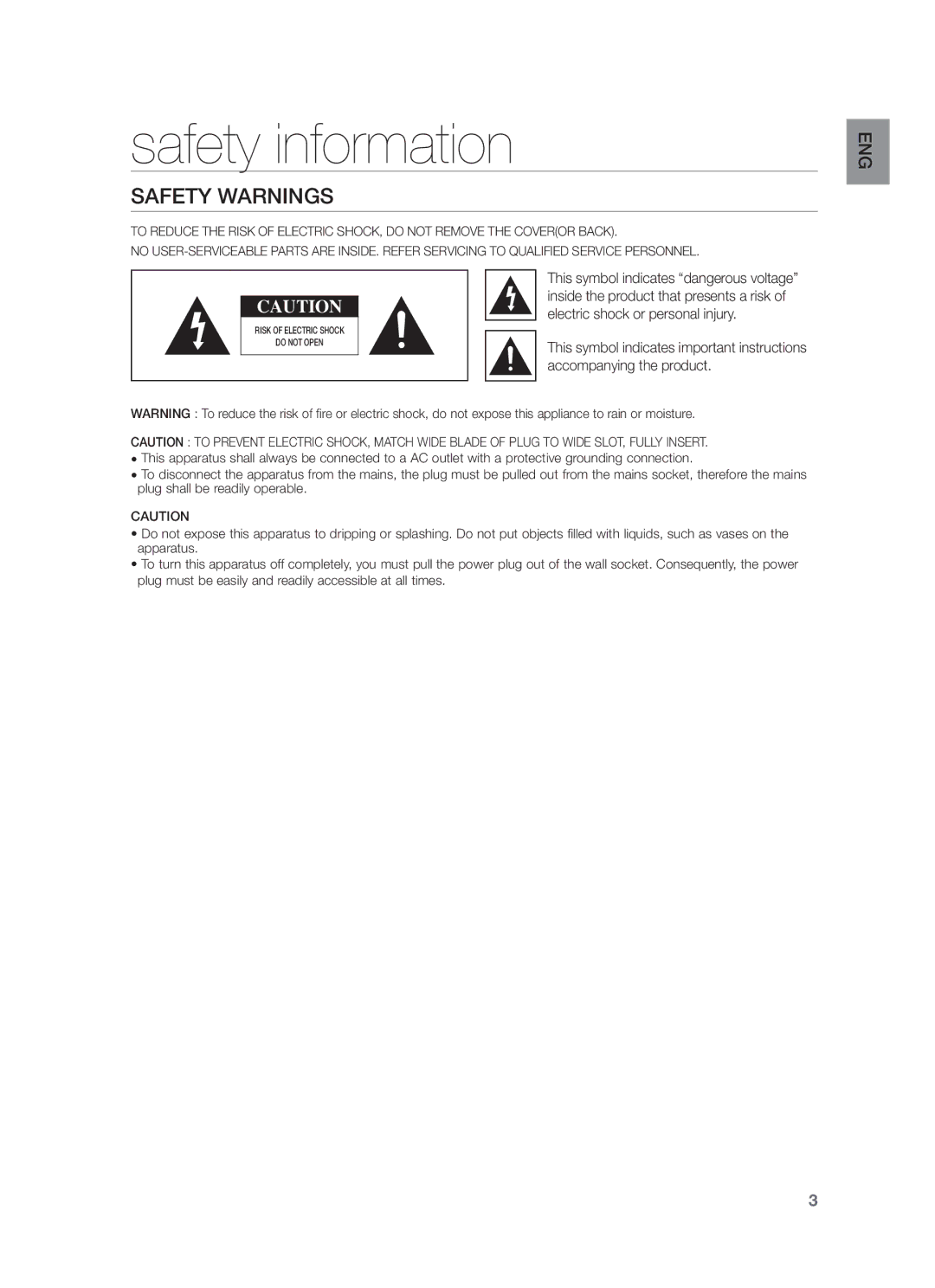 Samsung HW-F355/XV manual Safety information, Safety Warnings, Electric shock or personal injury, Accompanying the product 