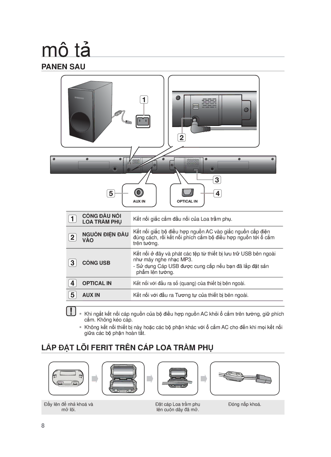 Samsung HW-F355/XV manual Panen SAU, LẮP ĐẶT LÕI Ferit Trên CÁP LOA Trầm PHỤ 