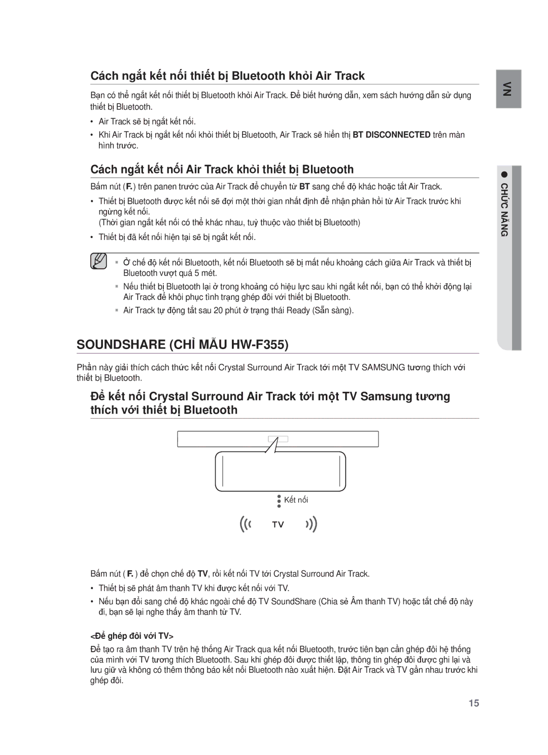 Samsung HW-F355/XV Soundshare CHỈ MẪU HW-F355, Cách ngắt kết nối thiết bị Bluetooth khỏi Air Track, Để ghép đôi với TV 