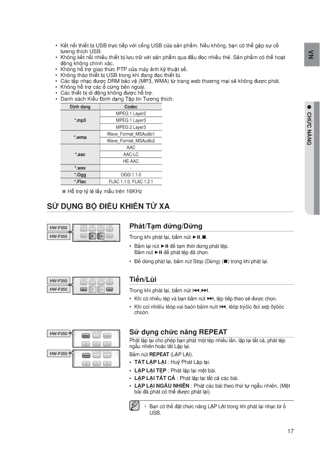 Samsung HW-F355/XV manual SỬ Dụng BỘ Điều Khiển TỪ XA, Phát/Tạm dừng/Dừng, Tiến/Lùi, Sử dụng chức năng Repeat 