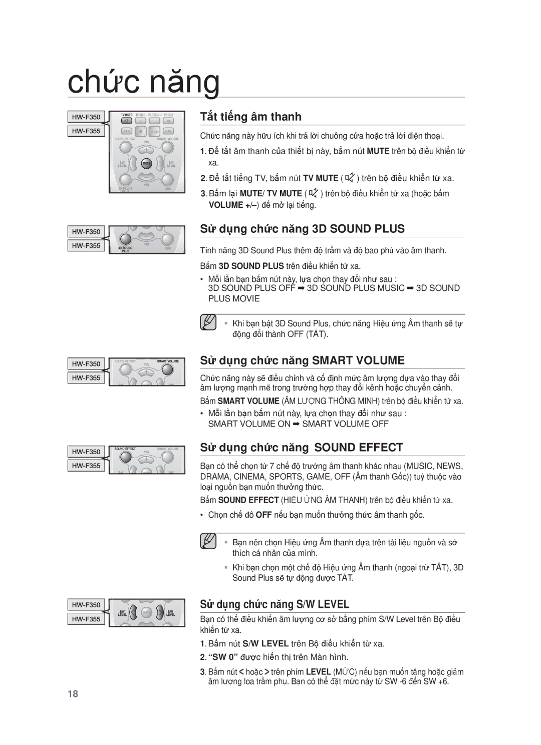 Samsung HW-F355/XV manual Tắt tiếng âm thanh, Sử dụng chức năng 3D Sound Plus, Sử dụng chức năng Smart Volume 