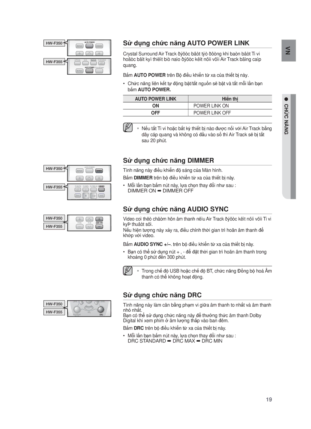 Samsung HW-F355/XV manual Sử dụng chức năng Auto Power Link, Sử dụng chức năng Dimmer, Sử dụng chức năng Audio Sync 