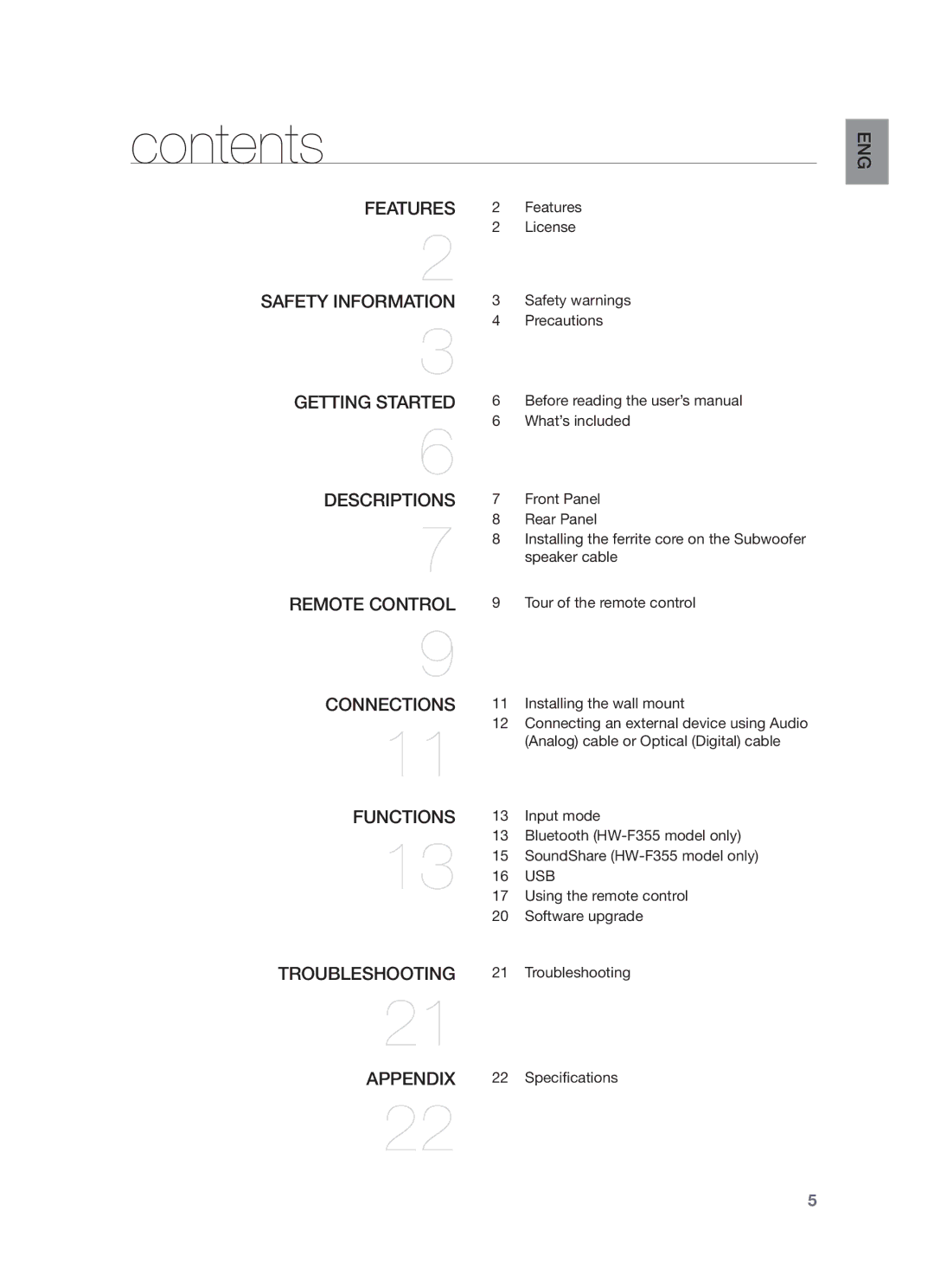 Samsung HW-F355/XV manual Contents 