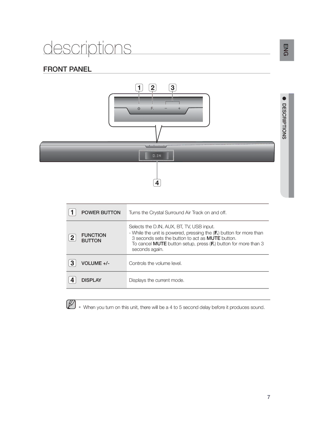 Samsung HW-F355/XV manual Descriptions, Front Panel, Selects the D.IN, AUX, BT, TV, USB input, Controls the volume level 