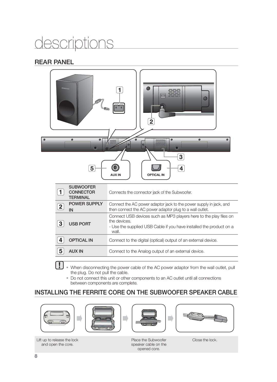 Samsung HW-F355/XV manual Rear Panel, Installing the Ferrite Core on the Subwoofer Speaker Cable 