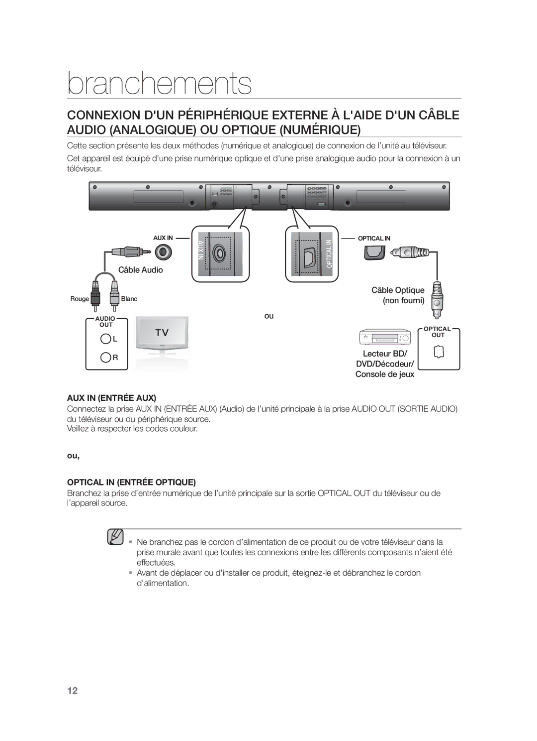 Samsung HW-F355/ZF, HW-F350/ZF, HW-F355/SJ manual Câble Audio, AUX in Entrée AUX 