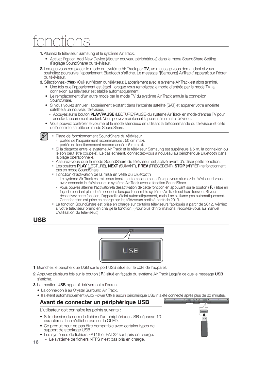 Samsung HW-F350/ZF, HW-F355/ZF, HW-F355/SJ manual Usb, Avant de connecter un périphérique USB 