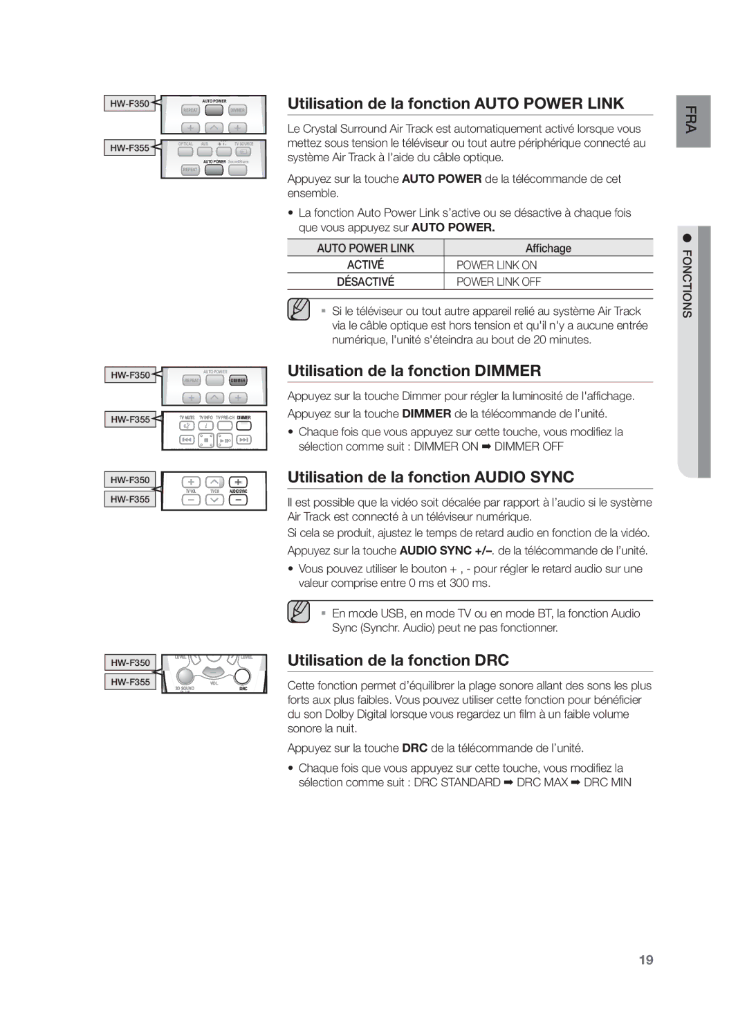 Samsung HW-F350/ZF, HW-F355/ZF, HW-F355/SJ Utilisation de la fonction Auto Power Link, Utilisation de la fonction Dimmer 