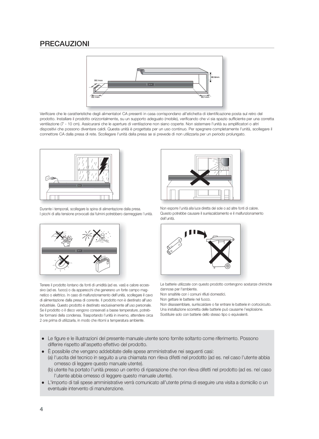 Samsung HW-F355/ZF, HW-F350/ZF, HW-F355/SJ manual Precauzioni 