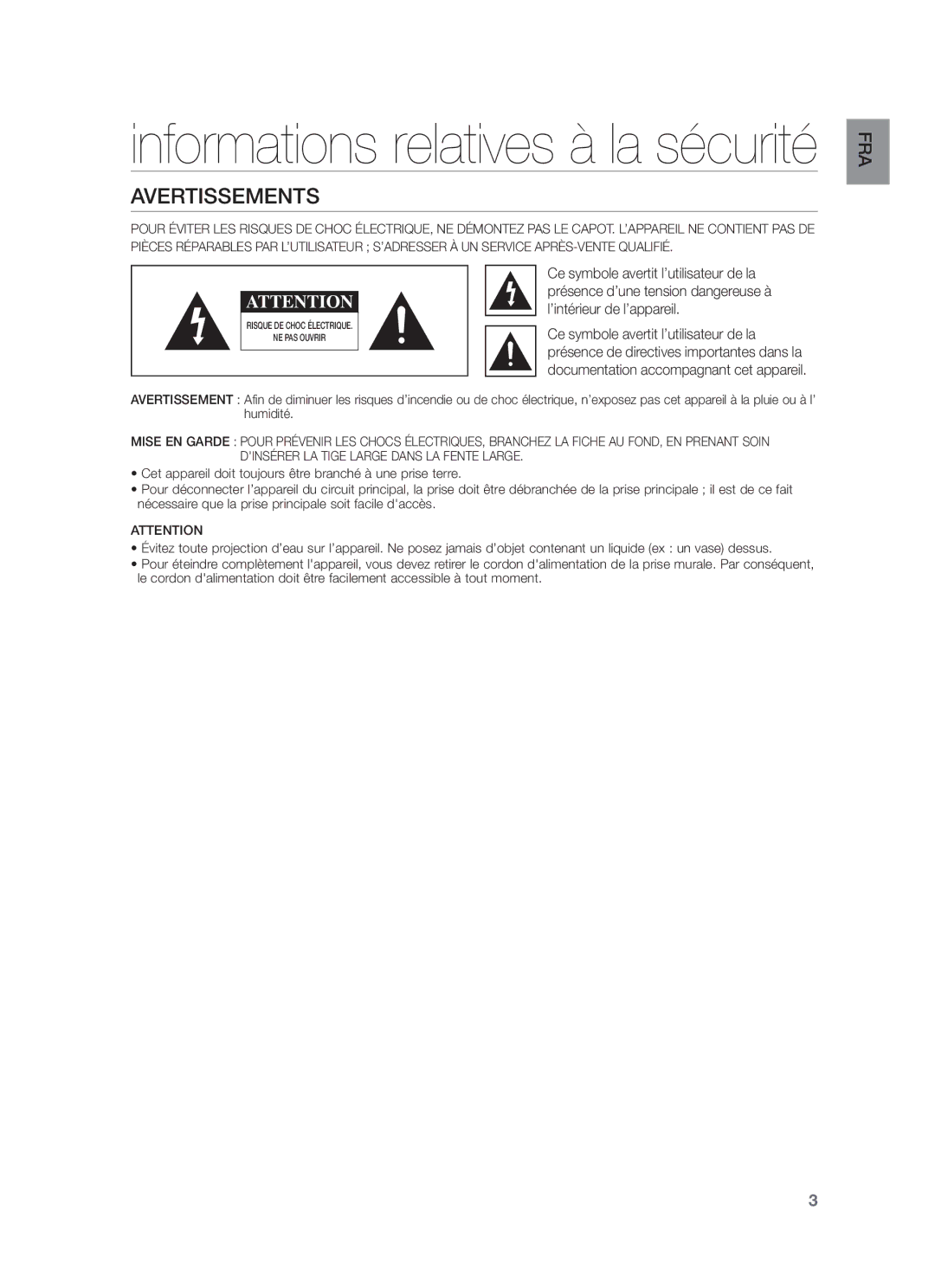 Samsung HW-F355/ZF, HW-F350/ZF, HW-F355/SJ Avertissements, Ce symbole avertit l’utilisateur de la, ’intérieur de l’appareil 