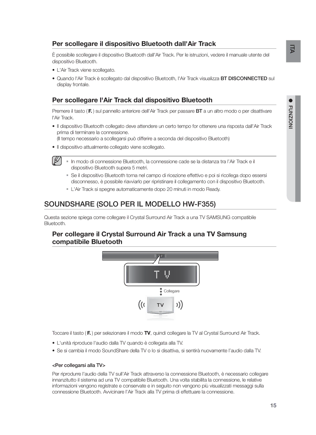 Samsung HW-F355/SJ manual Soundshare Solo PER IL Modello HW-F355, Per scollegare il dispositivo Bluetooth dallAir Track 