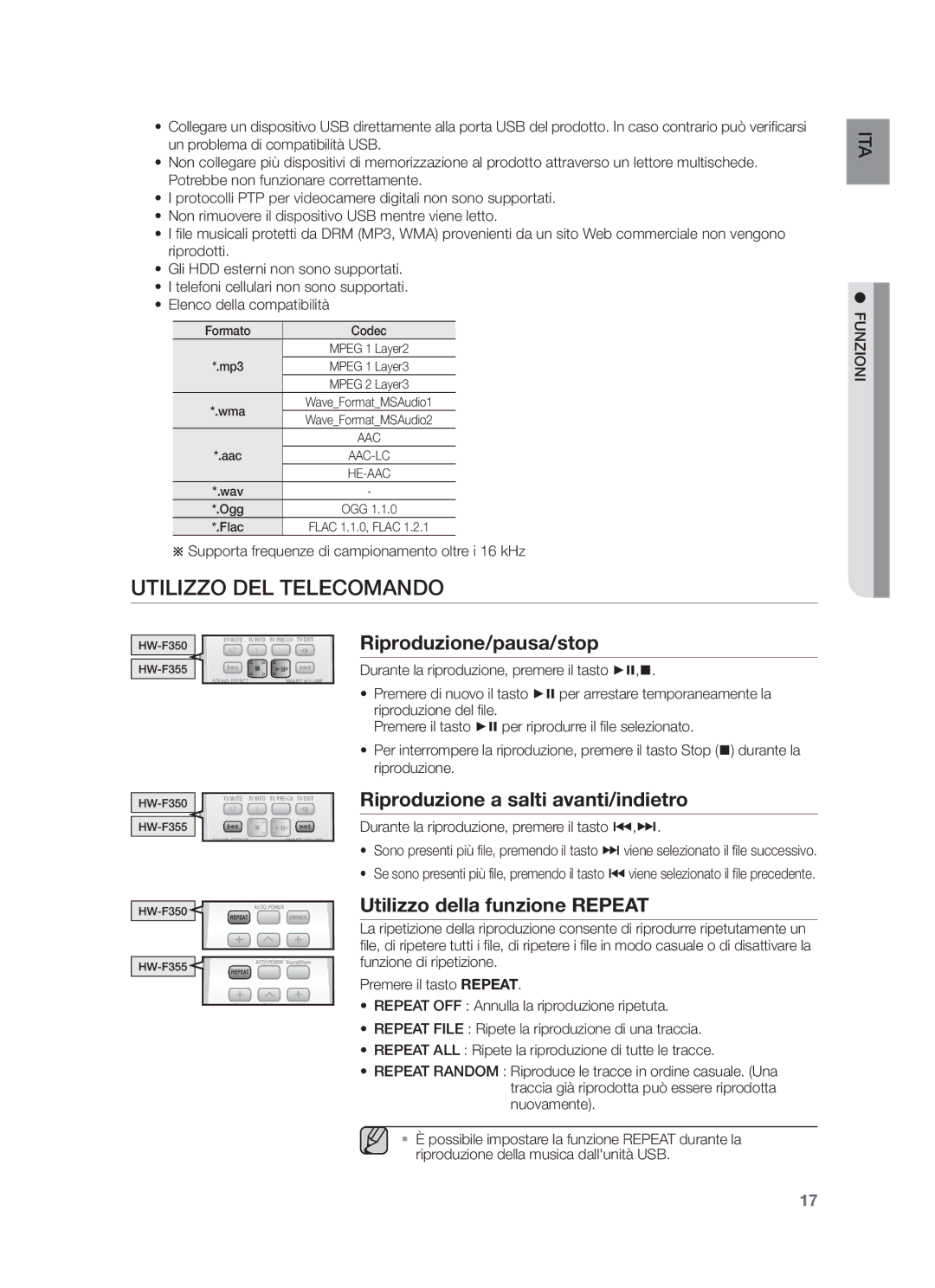 Samsung HW-F350/ZF, HW-F355/ZF Utilizzo DEL Telecomando, Riproduzione/pausa/stop, Riproduzione a salti avanti/indietro 