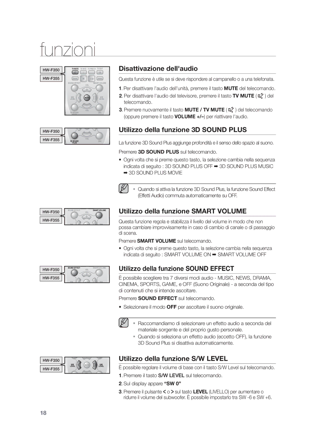 Samsung HW-F355/SJ Disattivazione dellaudio, Utilizzo della funzione 3D Sound Plus, Utilizzo della funzione Smart Volume 