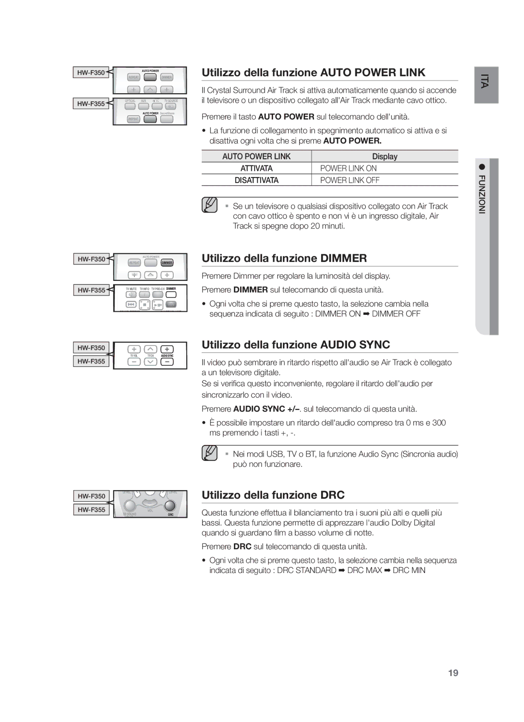 Samsung HW-F355/ZF Utilizzo della funzione Auto Power Link, Utilizzo della funzione Dimmer, Utilizzo della funzione DRC 