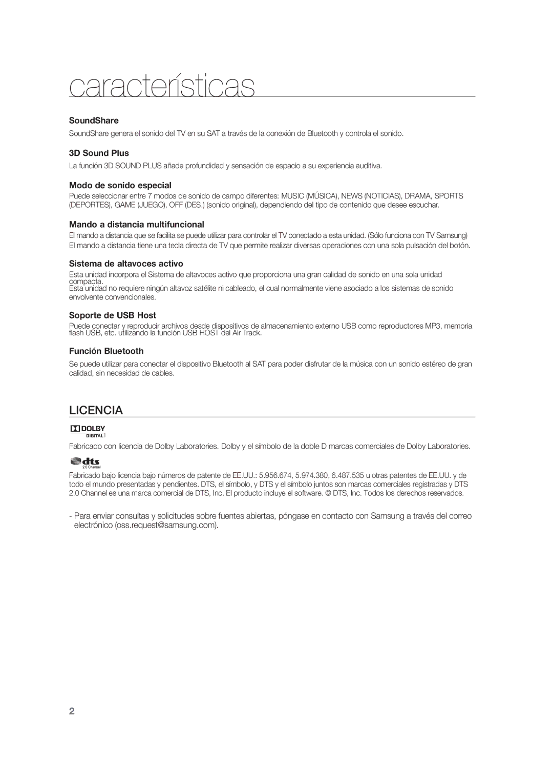 Samsung HW-F355/ZF, HW-F350/ZF, HW-F355/SJ manual Características 