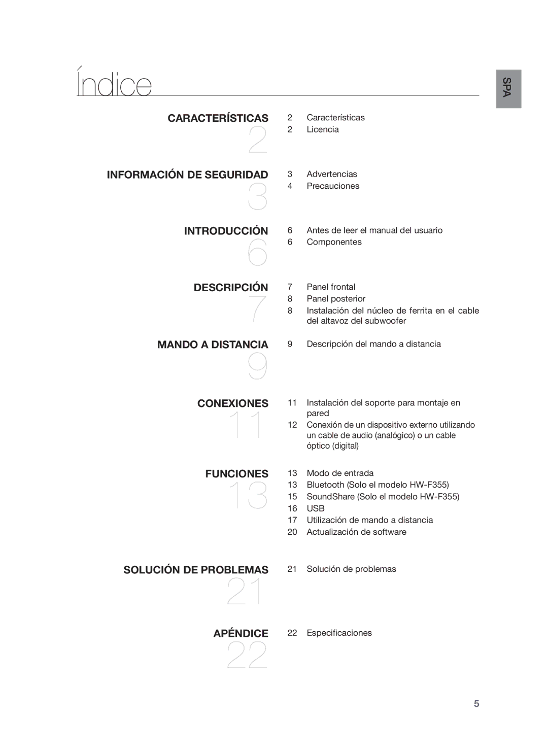 Samsung HW-F355/ZF, HW-F350/ZF, HW-F355/SJ manual Índice 