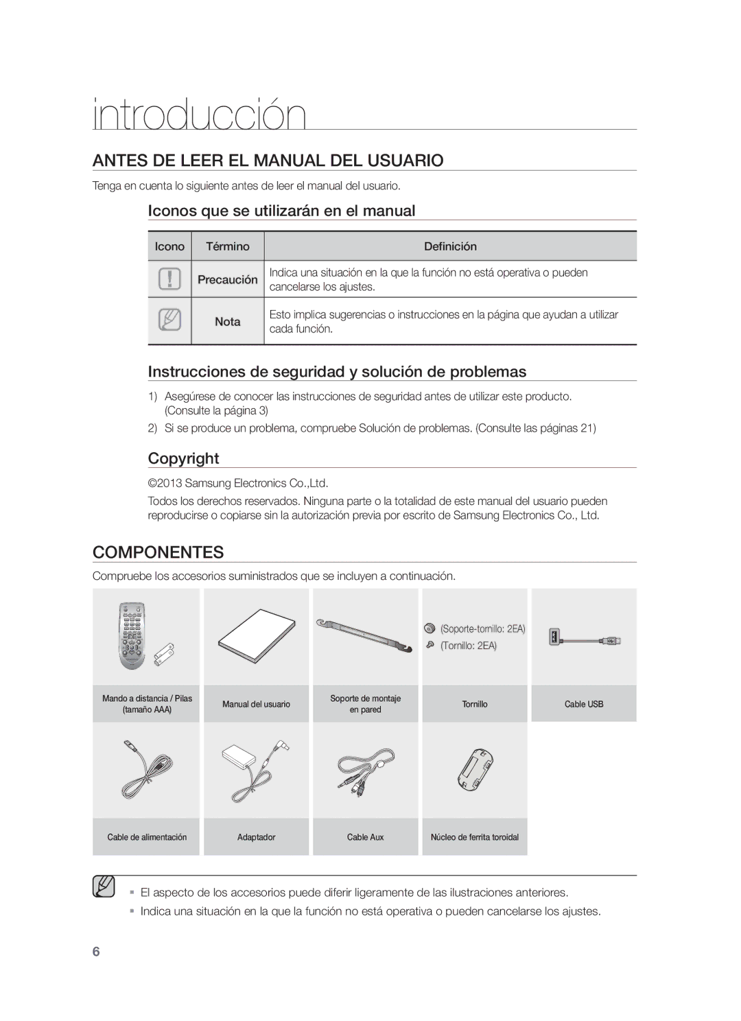 Samsung HW-F350/ZF, HW-F355/ZF, HW-F355/SJ manual Introducción, Antes DE Leer EL Manual DEL Usuario, Componentes 