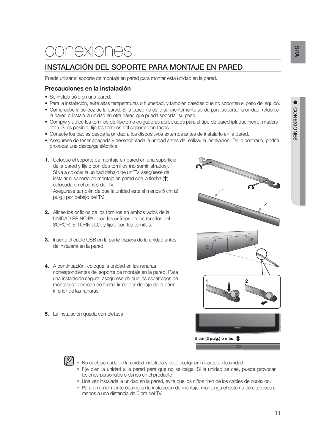 Samsung HW-F355/ZF, HW-F350/ZF, HW-F355/SJ manual Conexiones, Instalación DEL Soporte Para Montaje EN Pared 