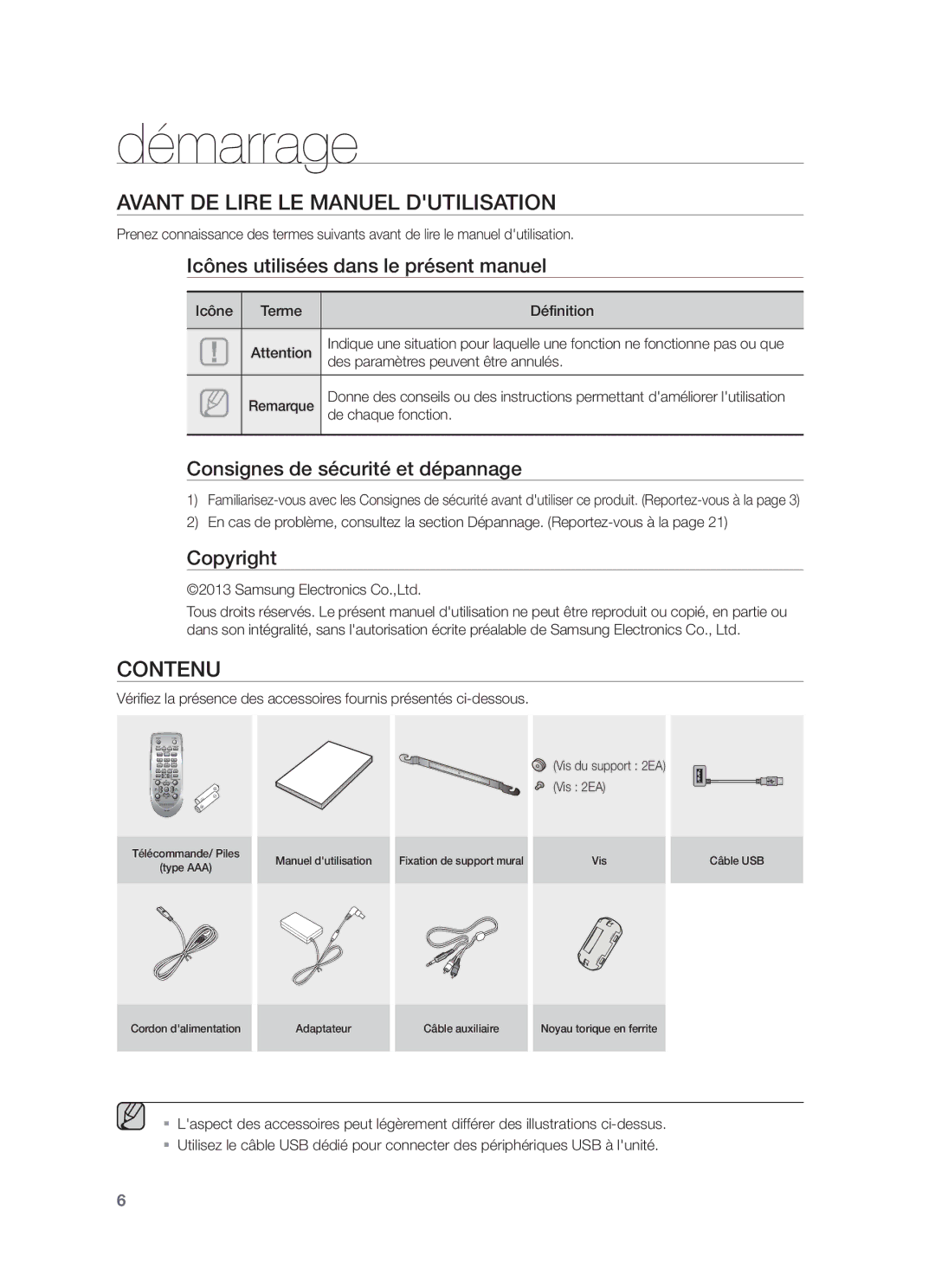 Samsung HW-F355/ZF, HW-F350/ZF, HW-F355/SJ manual Démarrage, Avant DE Lire LE Manuel Dutilisation, Contenu 