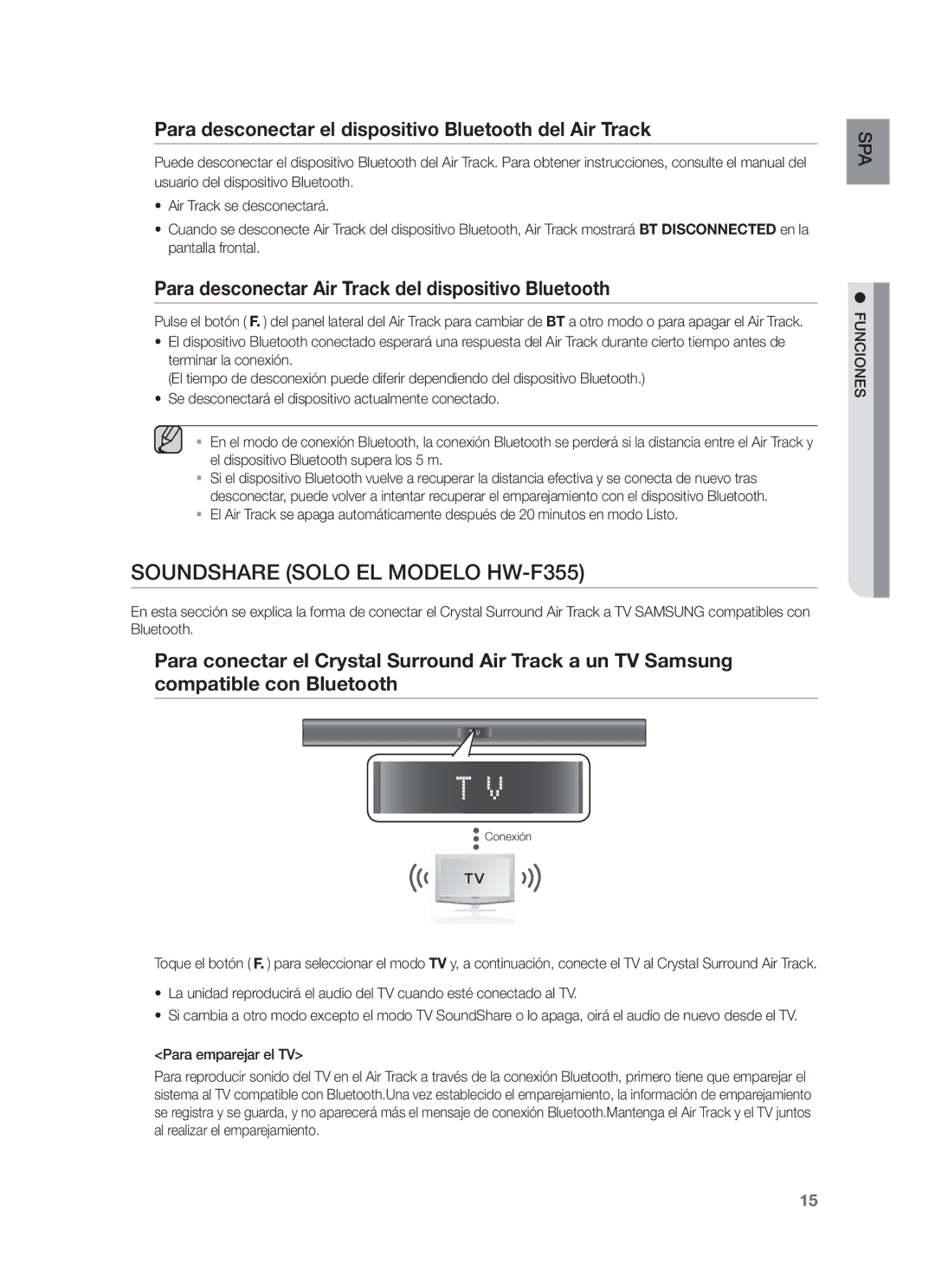 Samsung HW-F350/ZF, HW-F355/ZF Soundshare Solo EL Modelo HW-F355, Para desconectar el dispositivo Bluetooth del Air Track 