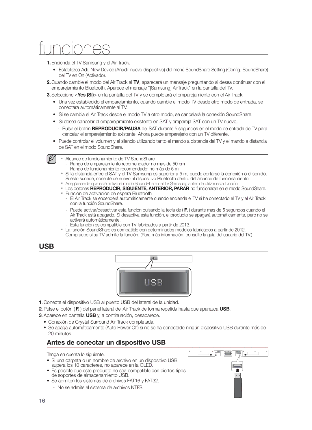 Samsung HW-F355/SJ, HW-F355/ZF, HW-F350/ZF Antes de conectar un dispositivo USB, Función de activación de espera Bluetooth 