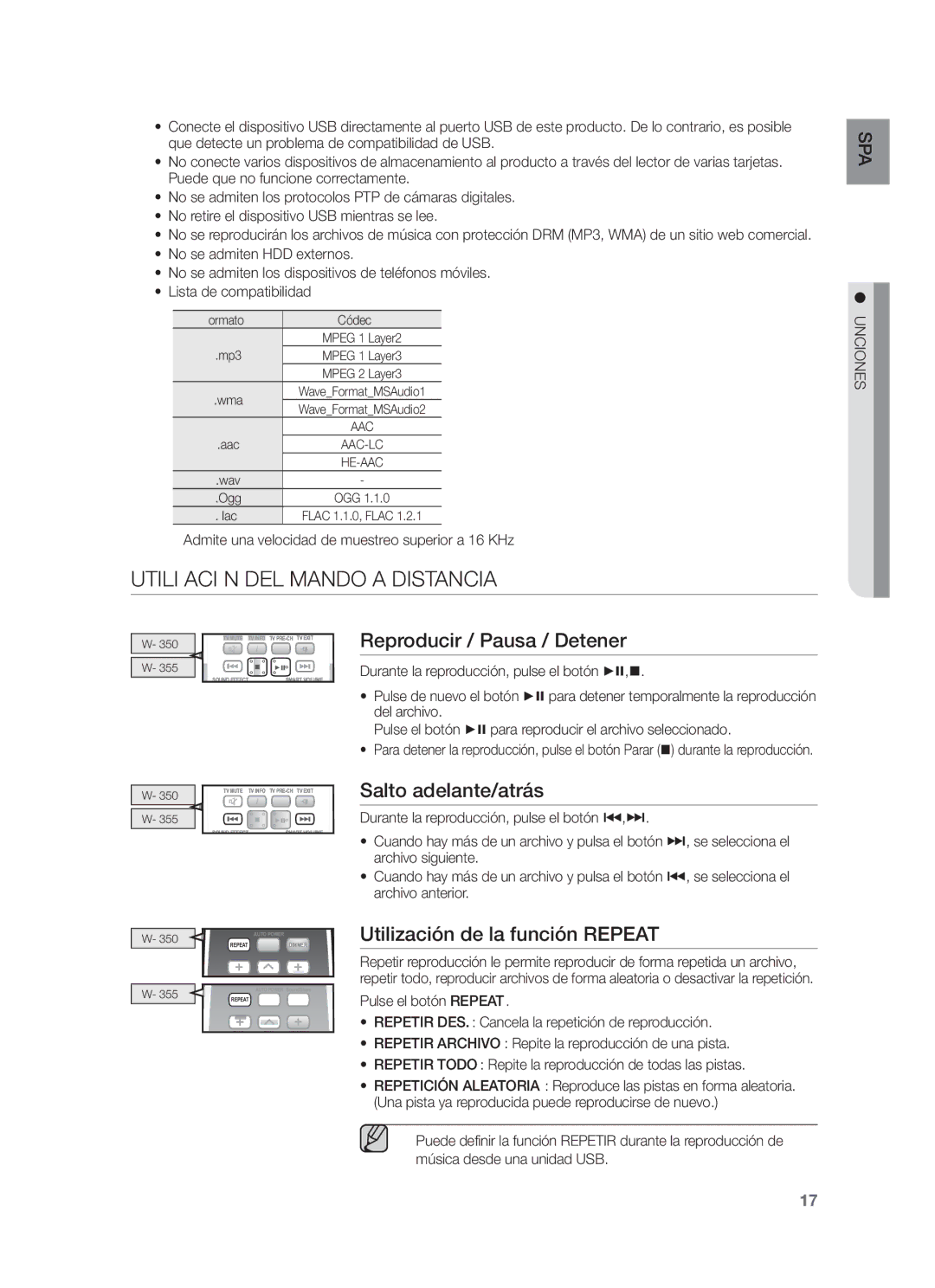 Samsung HW-F355/ZF, HW-F350/ZF manual Utilización DEL Mando a Distancia, Reproducir / Pausa / Detener, Salto adelante/atrás 