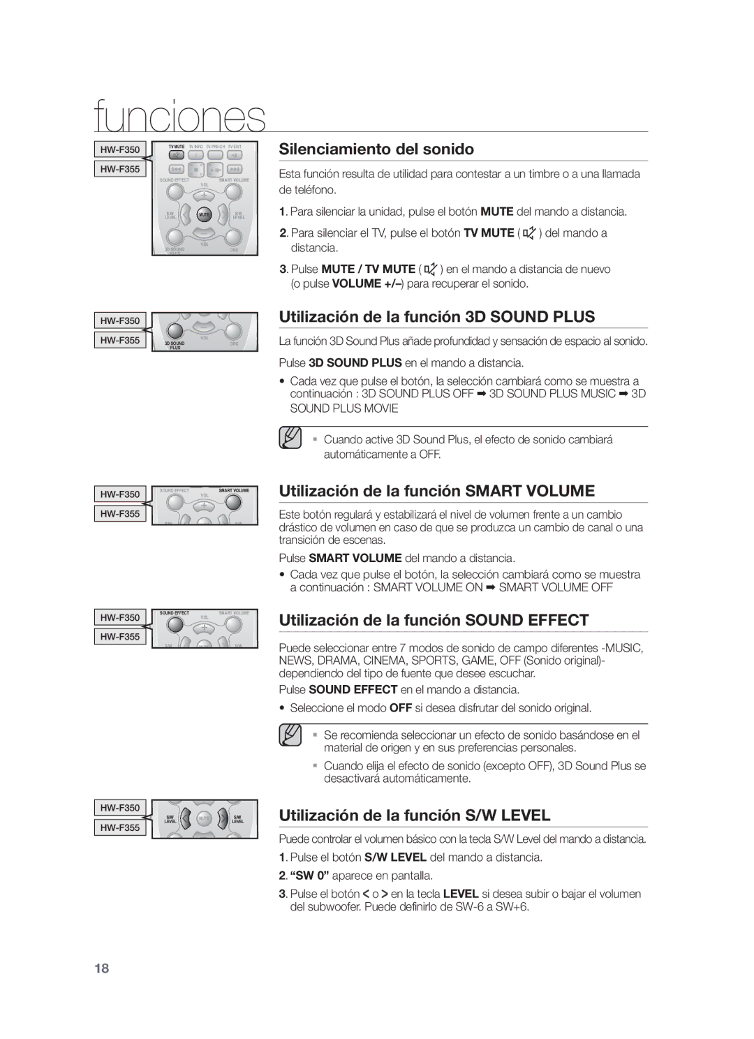 Samsung HW-F350/ZF Silenciamiento del sonido, Utilización de la función 3D Sound Plus, Utilización de la función S/W Level 