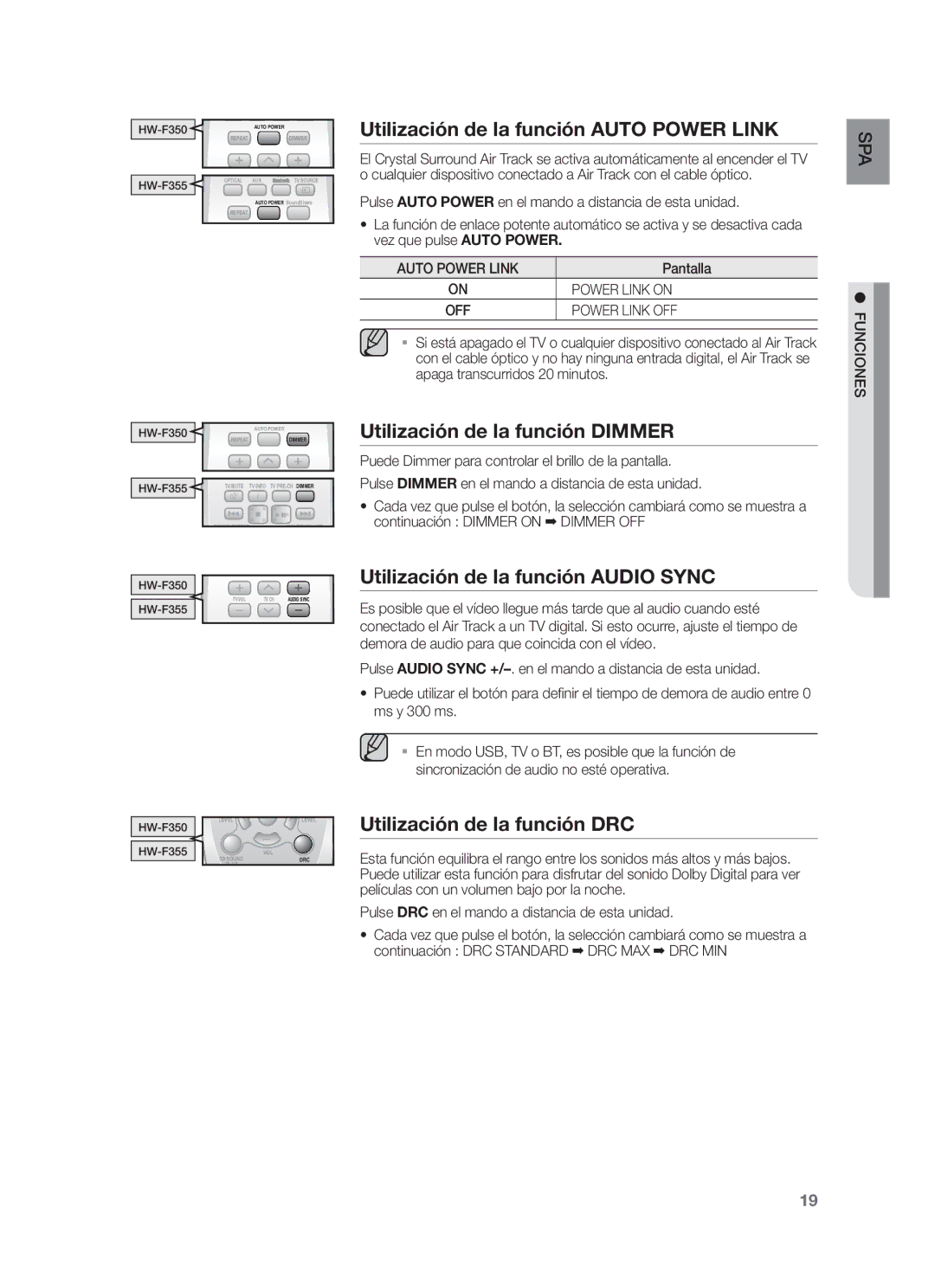 Samsung HW-F355/SJ, HW-F355/ZF, HW-F350/ZF manual Utilización de la función Auto Power Link, Utilización de la función Dimmer 