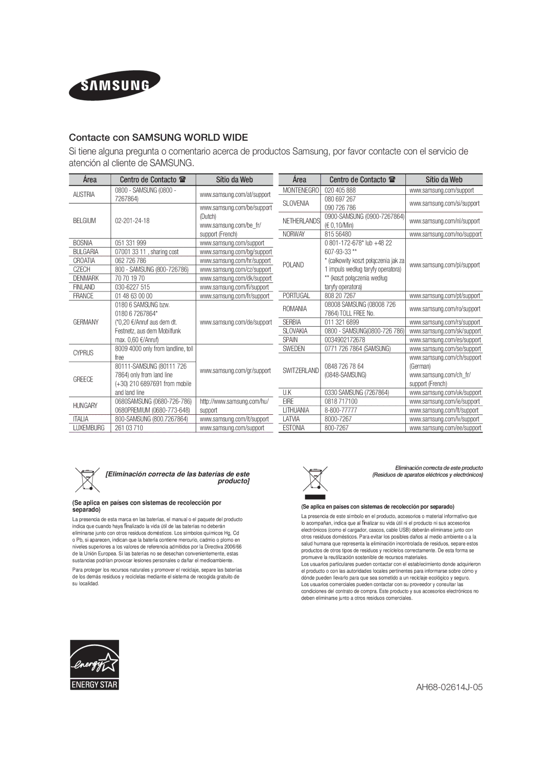 Samsung HW-F355/ZF, HW-F350/ZF Área Centro de Contacto Sítio da Web, Eliminación correcta de las baterías de este producto 