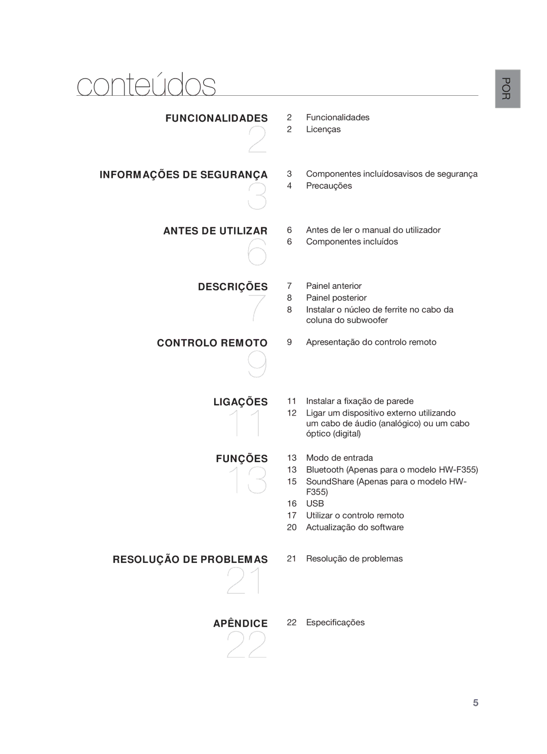 Samsung HW-F355/SJ, HW-F355/ZF, HW-F350/ZF manual Conteúdos 