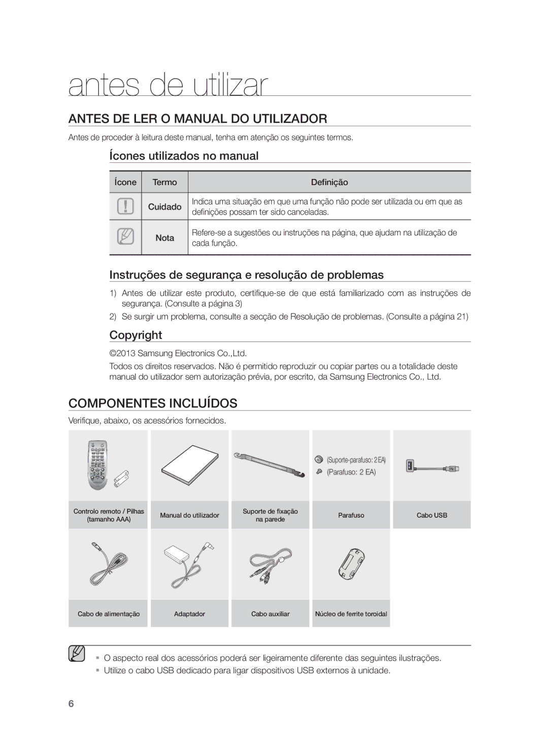 Samsung HW-F355/ZF, HW-F350/ZF, HW-F355/SJ Antes de utilizar, Antes DE LER O Manual do Utilizador, Componentes Incluídos 