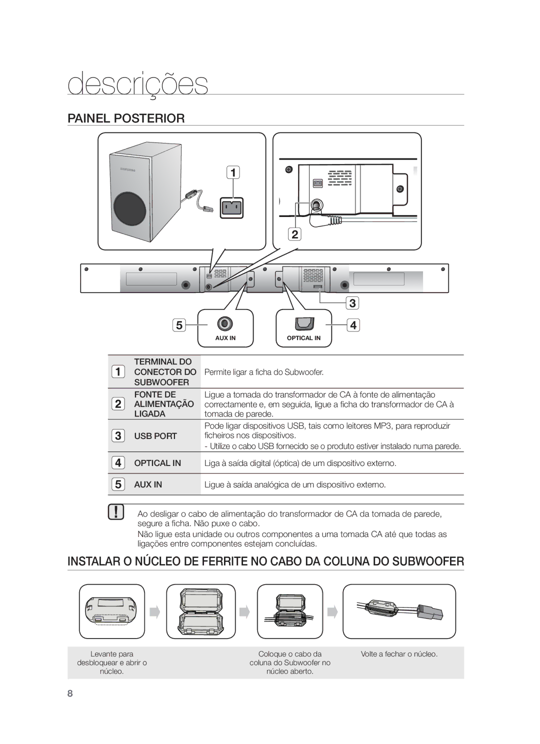 Samsung HW-F355/SJ, HW-F355/ZF, HW-F350/ZF Painel Posterior, Instalar O Núcleo DE Ferrite no Cabo DA Coluna do Subwoofer 