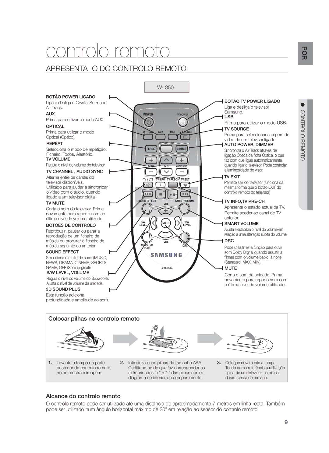 Samsung HW-F355/ZF, HW-F350/ZF, HW-F355/SJ Controlo remoto, Apresentação do Controlo Remoto, Prima para utilizar o modo USB 