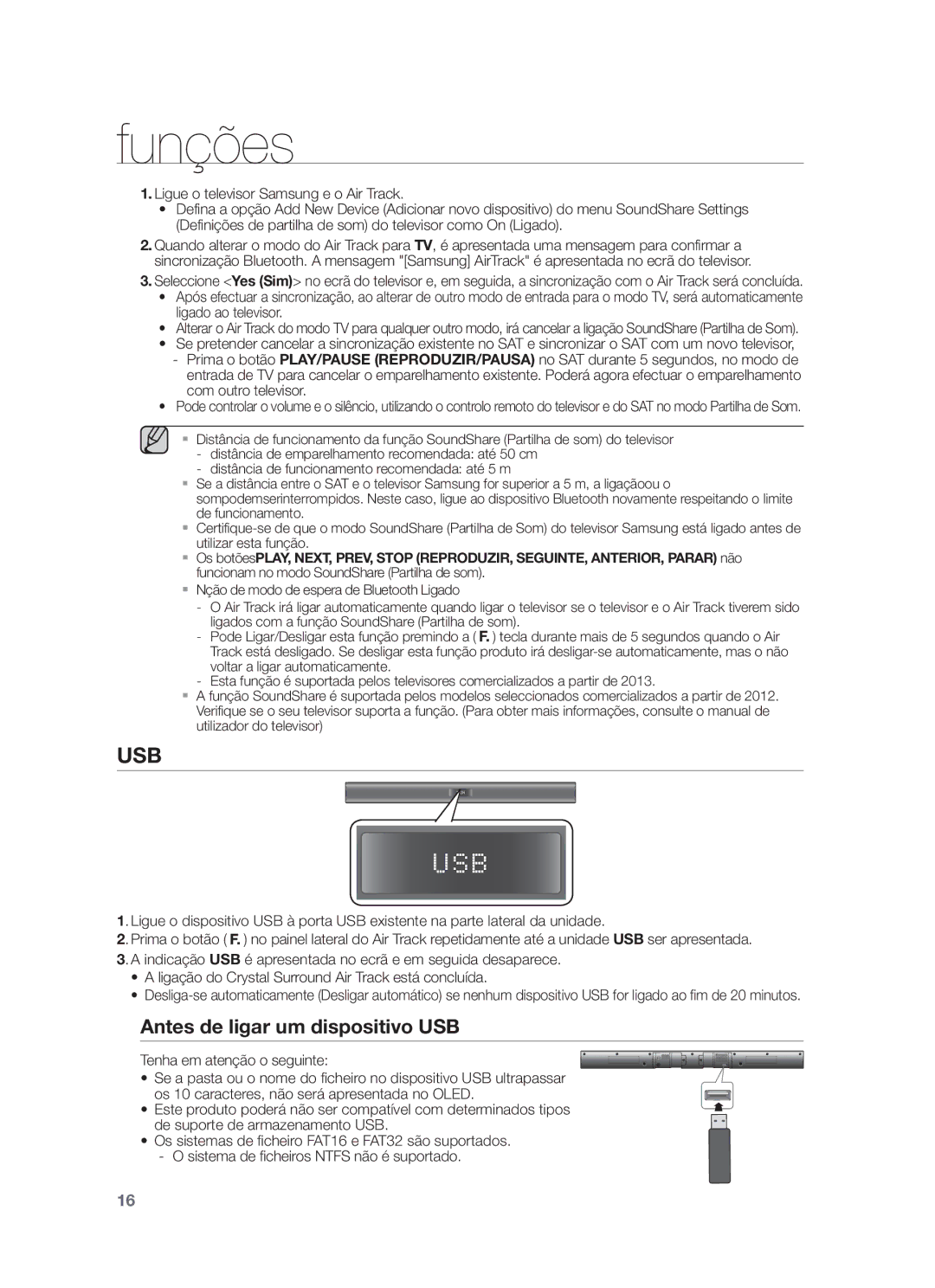 Samsung HW-F350/ZF Antes de ligar um dispositivo USB, Ligue o televisor Samsung e o Air Track, Tenha em atenção o seguinte 