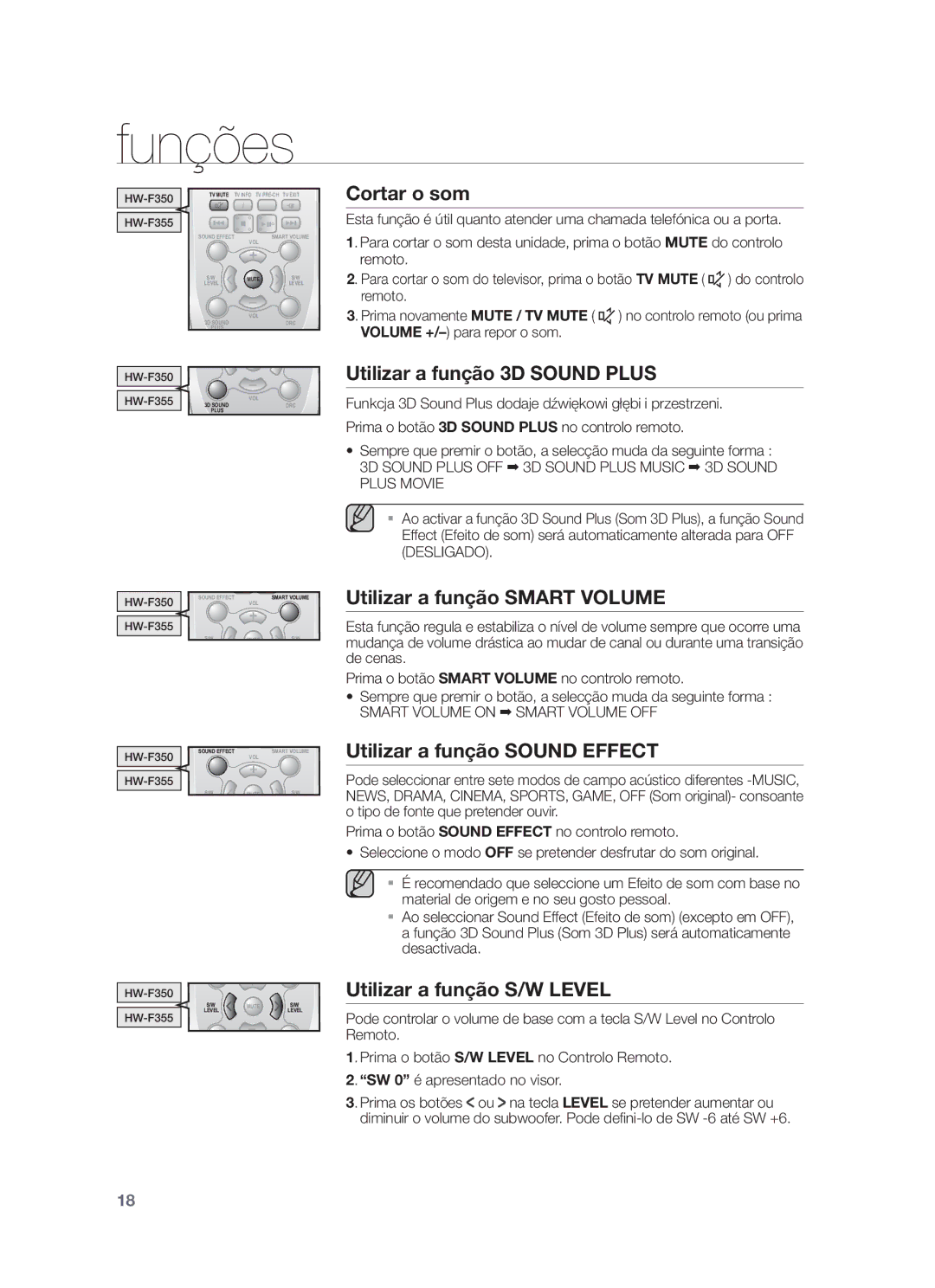 Samsung HW-F355/ZF, HW-F350/ZF, HW-F355/SJ Cortar o som, Utilizar a função 3D Sound Plus, Utilizar a função Smart Volume 