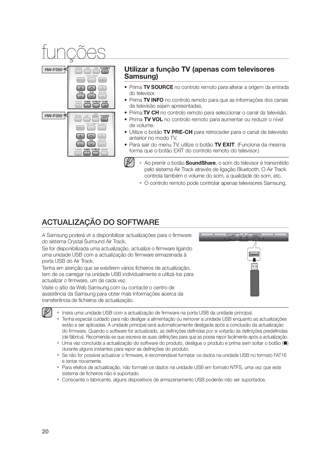 Samsung HW-F355/SJ, HW-F355/ZF, HW-F350/ZF Actualização do Software, Utilizar a função TV apenas com televisores Samsung 