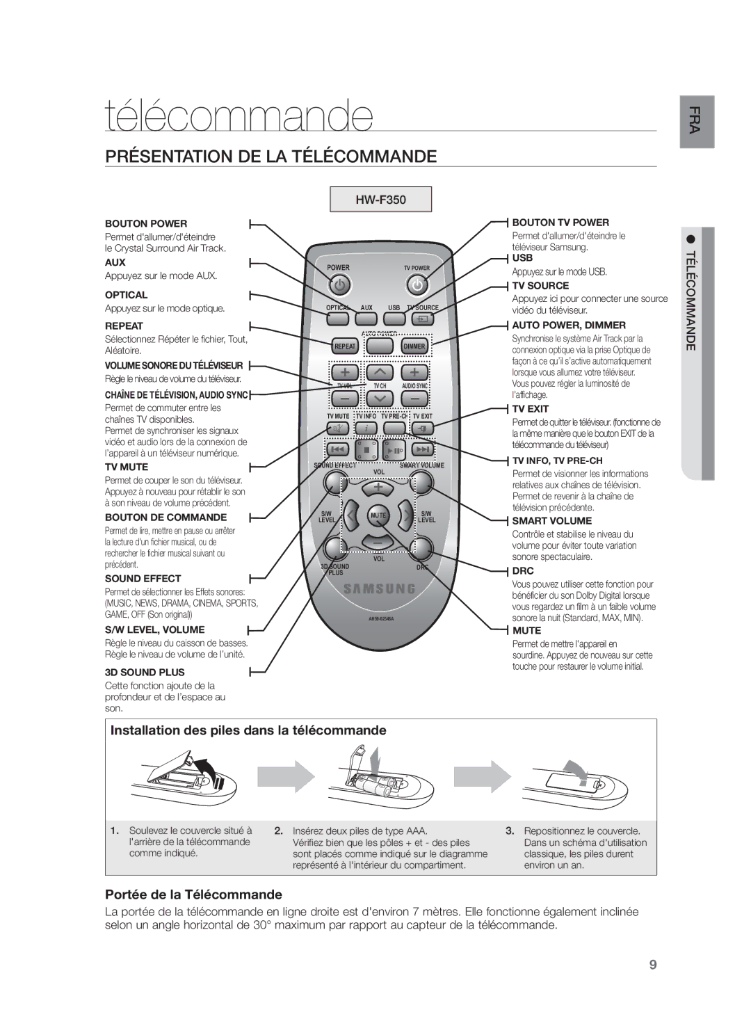 Samsung HW-F355/ZF, HW-F350/ZF, HW-F355/SJ manual Présentation DE LA Télécommande, Appuyez sur le mode USB 