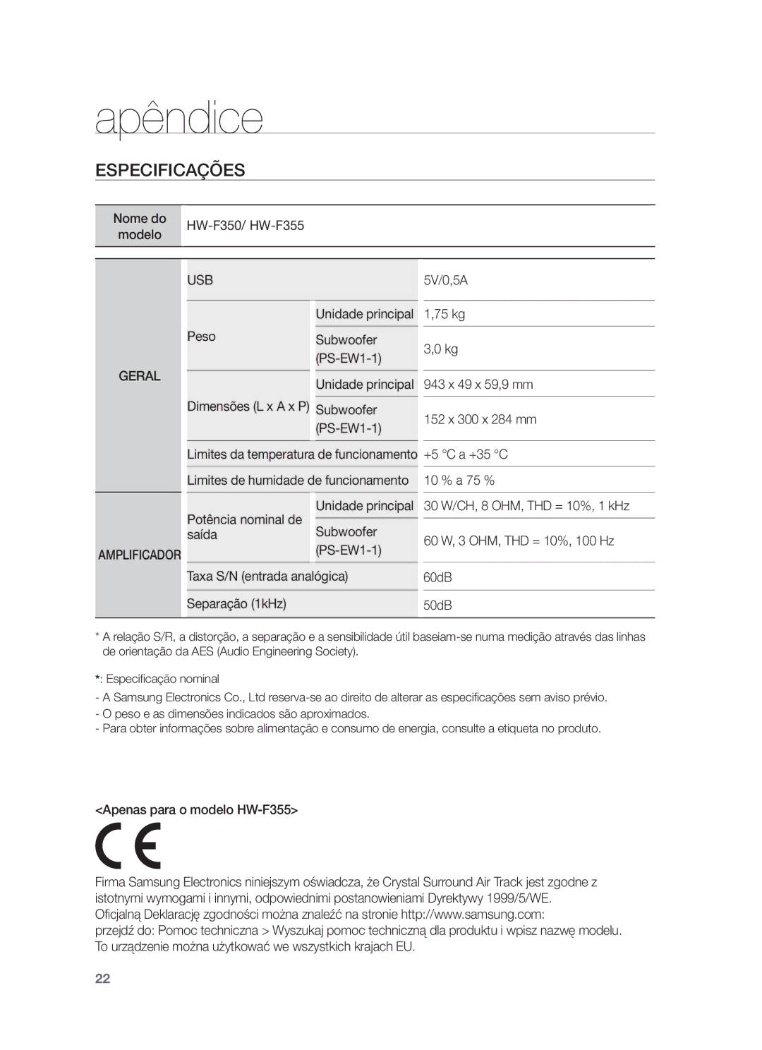 Samsung HW-F350/ZF, HW-F355/ZF, HW-F355/SJ manual Apêndice, Especificações, Dimensões L x a x P Subwoofer PS-EW1-1 