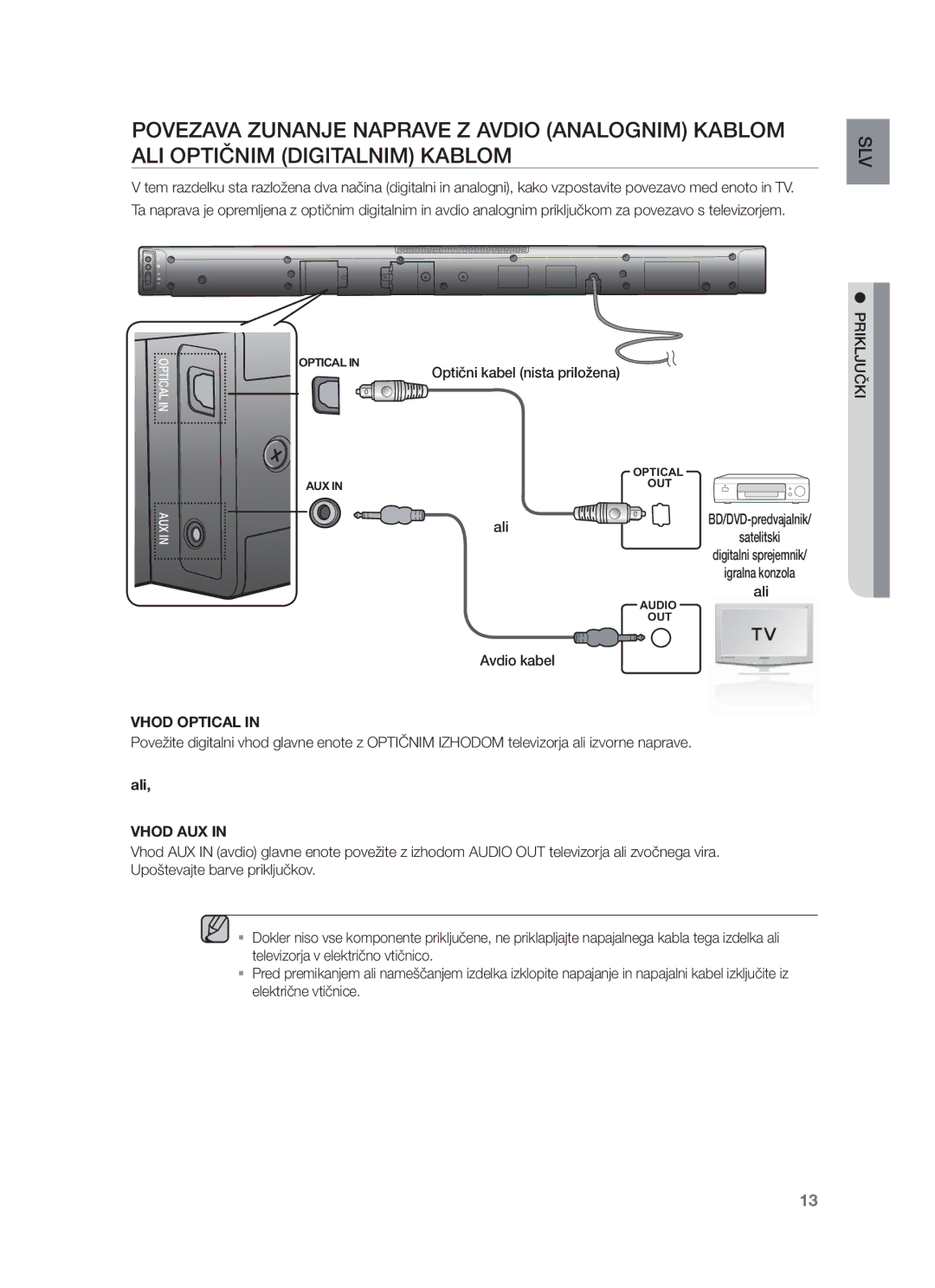 Samsung HW-F450/XE, HW-F450/EN manual Ali, Avdio kabel, Vhod Optical 