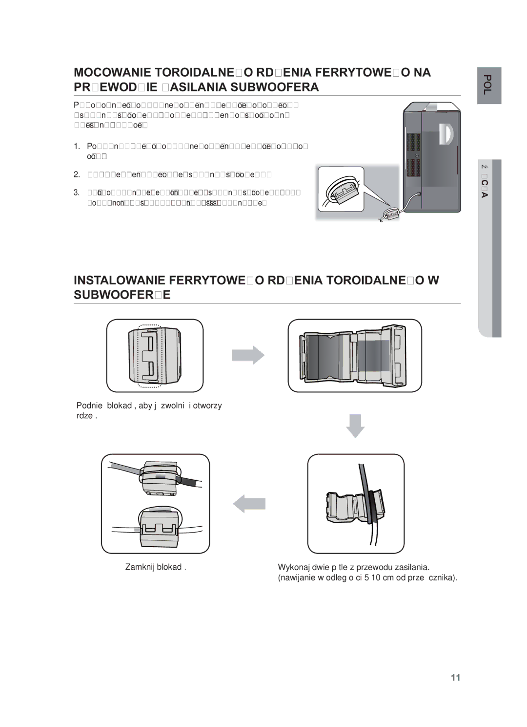 Samsung HW-F450/XE, HW-F450/EN manual Instalowanie Ferrytowego Rdzenia Toroidalnego W Subwooferze 