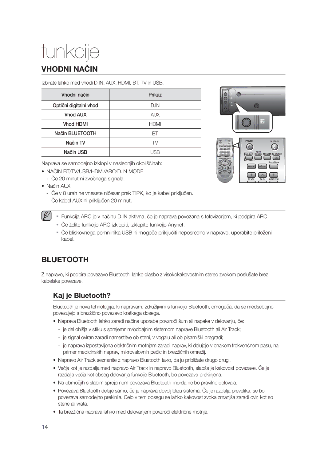 Samsung HW-F450/EN manual Funkcije, Vhodni Način, Kaj je Bluetooth?, Naprava se samodejno izklopi v naslednjih okoliščinah 